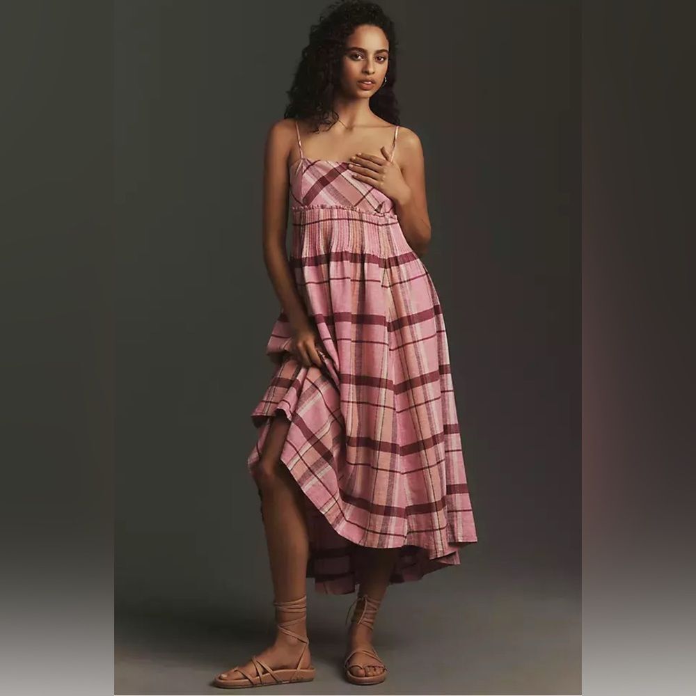 Anthropologie Maeve Linen Pleated Waist Hanky-Hem Midi Dress